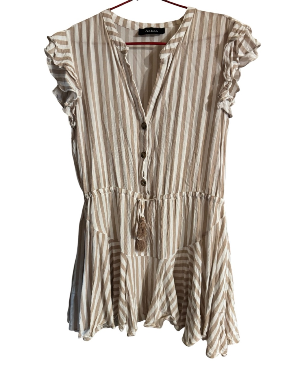 Aakaa Tan & White Striped Tiered Mini Dress w/Tassel Tie